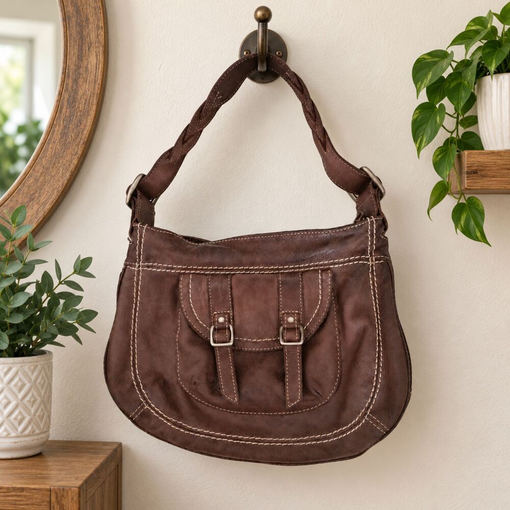 Vintage Fossil Brown Leather Shoulder Saddle Bag Contrast Stitch Buckle Purse
